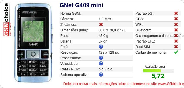 GNet G409 mini Especificações técnicas do telemóvel GNet G409 mini Especificações técnicas do telemóvel