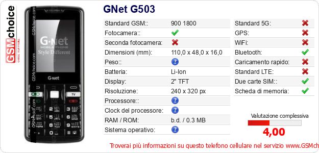 GNet G503 Dati tecnici di telefono cellulare 