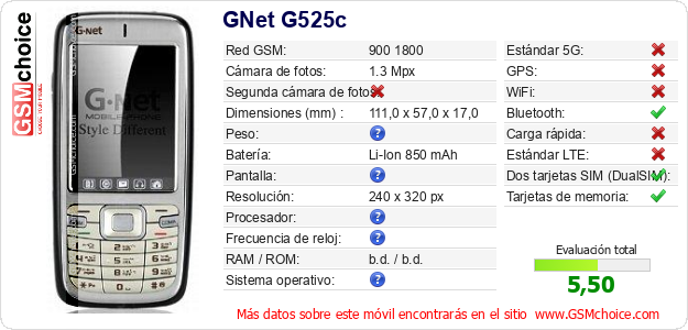 GNet G525c Datos técnicos del móvil GNet G525c Datos técnicos del móvil
