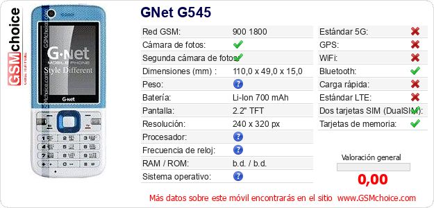 GNet G545 Datos técnicos del móvil 