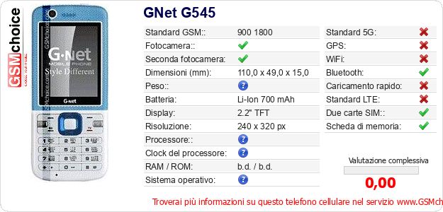 GNet G545 Dati tecnici di telefono cellulare 