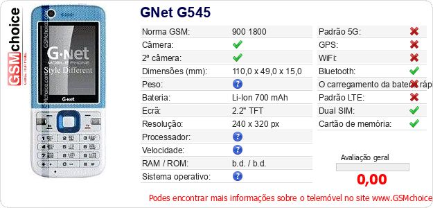 GNet G545 Especificações técnicas do telemóvel 