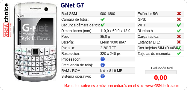 GNet G7 Datos técnicos del móvil GNet G7 Datos técnicos del móvil