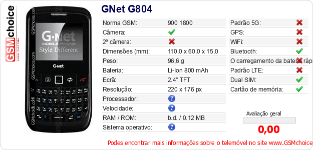 GNet G804 Especificações técnicas do telemóvel 