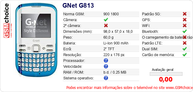 GNet G813 Especificações técnicas do telemóvel 