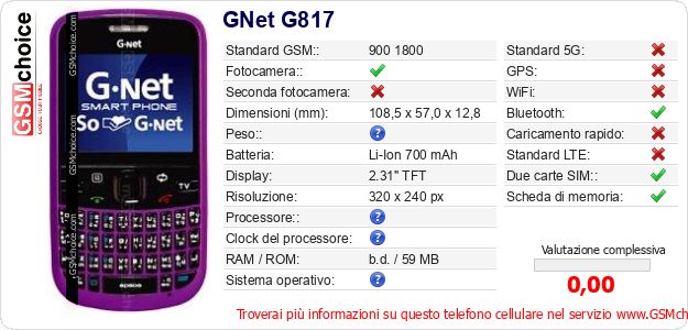 GNet G817 Dati tecnici di telefono cellulare GNet G817 Dati tecnici di telefono cellulare