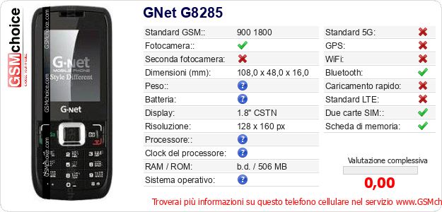 GNet G8285 Dati tecnici di telefono cellulare 