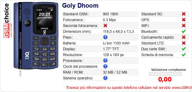 Goly Dhoom Dati tecnici di telefono cellulare 