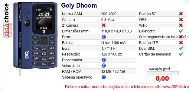 Goly Dhoom Especificações técnicas do telemóvel 