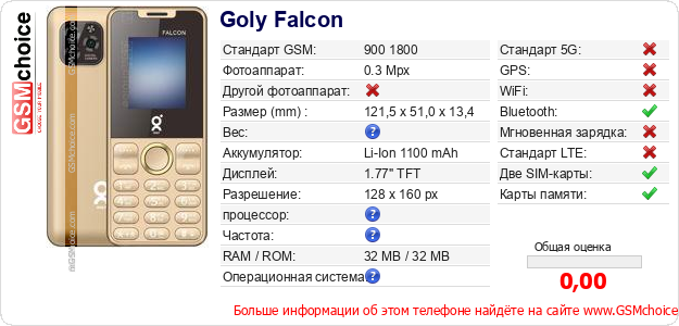 Goly Falcon Технические данные телефона Goly Falcon Технические данные телефона