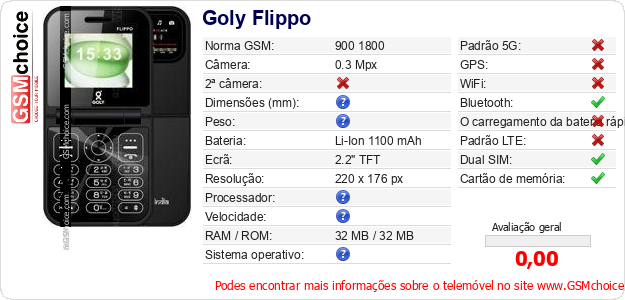 Goly Flippo Especificações técnicas do telemóvel Goly Flippo Especificações técnicas do telemóvel