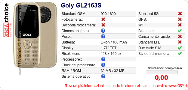 Goly GL2163S Dati tecnici di telefono cellulare Goly GL2163S Dati tecnici di telefono cellulare