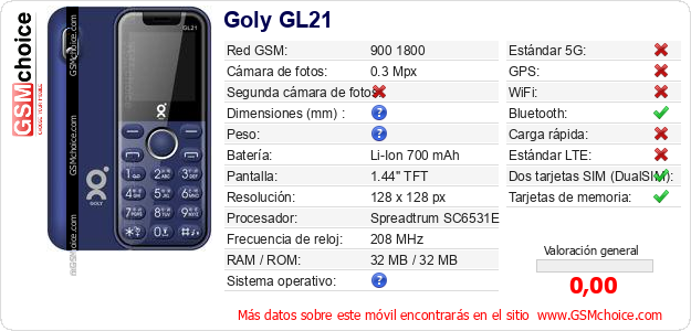 Goly GL21 Datos técnicos del móvil 