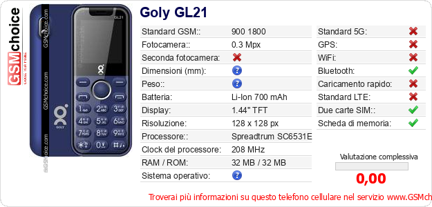 Goly GL21 Dati tecnici di telefono cellulare 