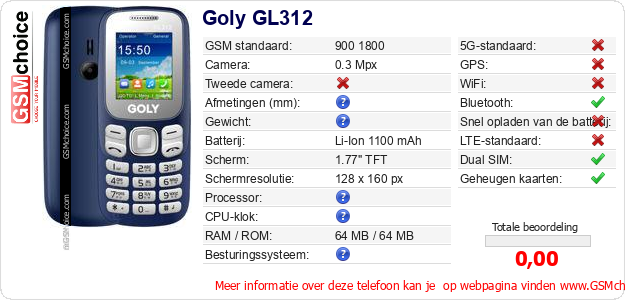 Goly GL312 Technische gegevens Goly GL312 Technische gegevens
