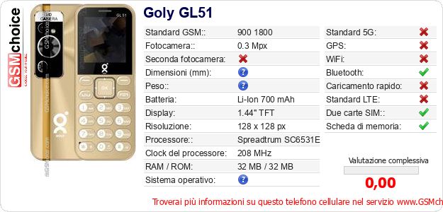 Goly GL51 Dati tecnici di telefono cellulare 