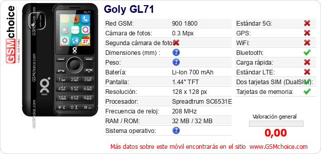 Goly GL71 Datos técnicos del móvil Goly GL71 Datos técnicos del móvil
