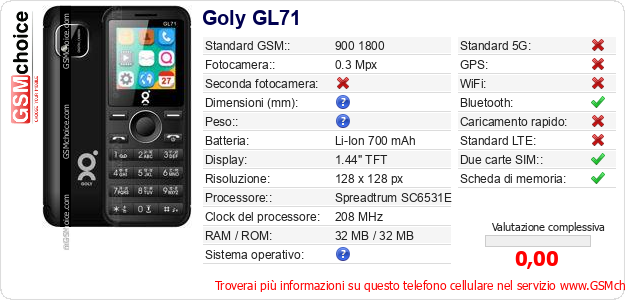 Goly GL71 Dati tecnici di telefono cellulare 