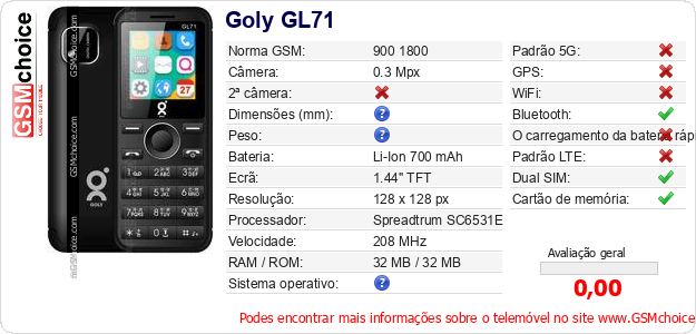 Goly GL71 Especificações técnicas do telemóvel Goly GL71 Especificações técnicas do telemóvel