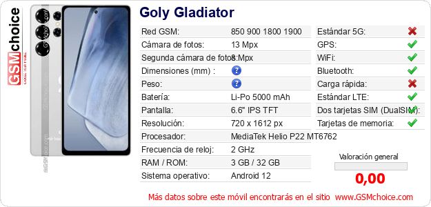 Goly Gladiator Datos técnicos del móvil 