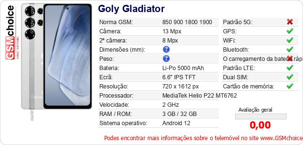 Goly Gladiator Especificações técnicas do telemóvel 