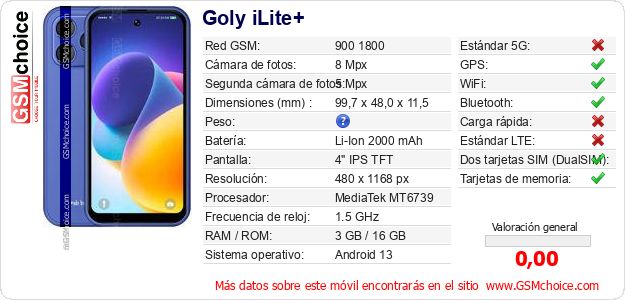 Goly iLite+ Datos técnicos del móvil 