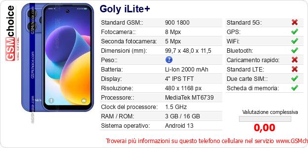 Goly iLite+ Dati tecnici di telefono cellulare 