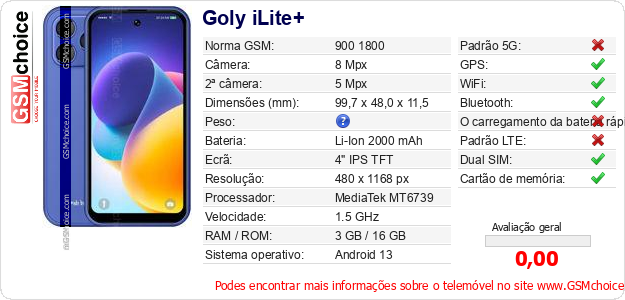 Goly iLite+ Especificações técnicas do telemóvel 