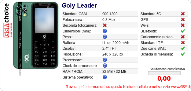 Goly Leader Dati tecnici di telefono cellulare 