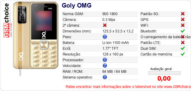 Goly OMG Especificações técnicas do telemóvel Goly OMG Especificações técnicas do telemóvel