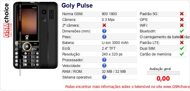 Goly Pulse Especificações técnicas do telemóvel 