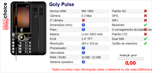 Goly Pulse Especificações técnicas do telemóvel Goly Pulse Especificações técnicas do telemóvel