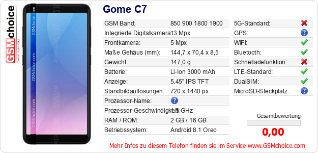 Gome C7 technische Daten Gome C7 technische Daten