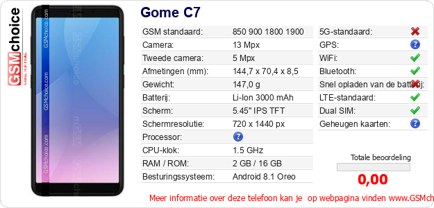 Gome C7 Technische gegevens 