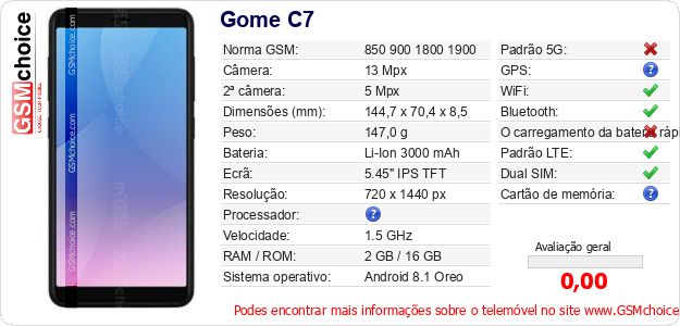 Gome C7 Especificações técnicas do telemóvel Gome C7 Especificações técnicas do telemóvel