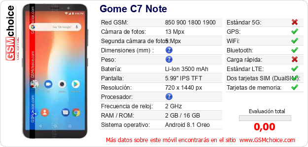 Gome C7 Note Datos técnicos del móvil Gome C7 Note Datos técnicos del móvil