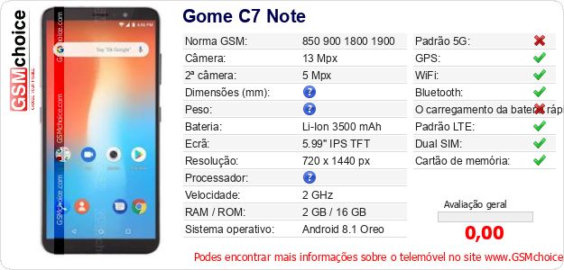 Gome C7 Note Especificações técnicas do telemóvel 