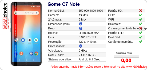 Gome C7 Note Especificações técnicas do telemóvel 