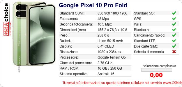 Google Pixel 10 Pro Fold Dati tecnici di telefono cellulare 