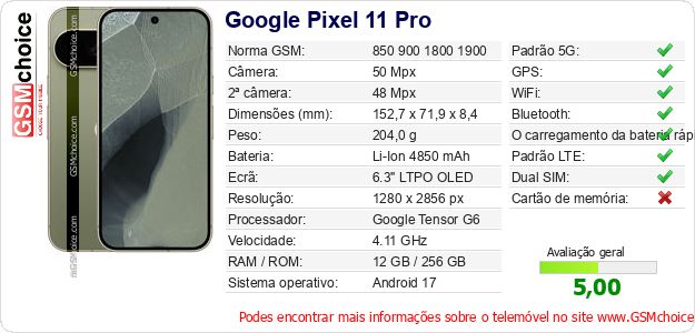 Google Pixel 11 Pro Especificações técnicas do telemóvel 