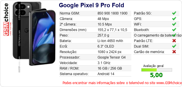 Google Pixel 9 Pro Fold Especificações técnicas do telemóvel 