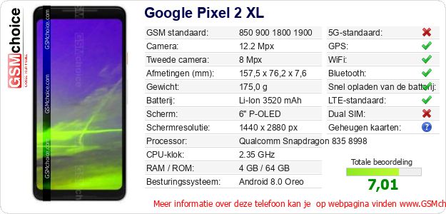 Google Pixel 2 XL Technische gegevens 
