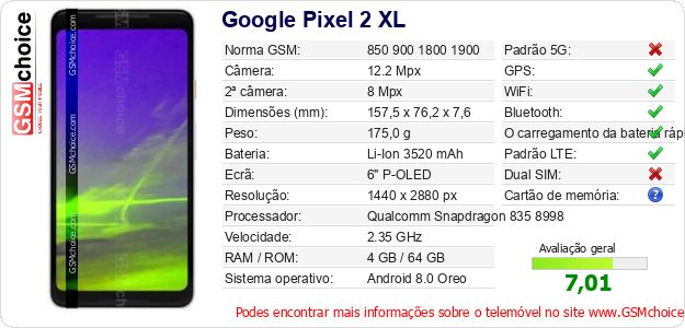 Google Pixel 2 XL Especificações técnicas do telemóvel 
