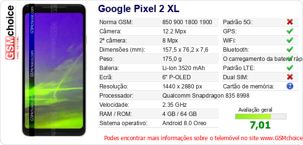 Google Pixel 2 XL Especificações técnicas do telemóvel 