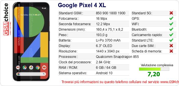 Google Pixel 4 XL Dati tecnici di telefono cellulare 