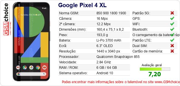 Google Pixel 4 XL Especificações técnicas do telemóvel 
