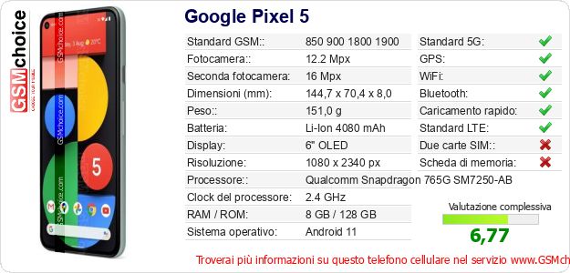 Google Pixel 5 Dati tecnici di telefono cellulare 