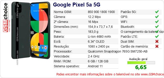 Google Pixel 5a 5G Especificações técnicas do telemóvel 