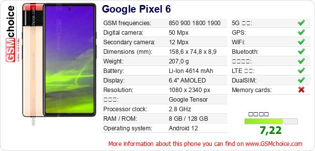Google Pixel 6 手機技術數據