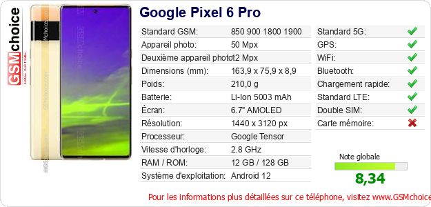 Google Pixel 6 Pro Fiche technique